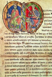 Sivu Kelso Abbeyn peruskirjasta, jossa on valaistu alkukirjain, joka kuvaa kuningas David I:tä (1084-1153) ja hänen pojanpoikansa Malcolm IV:tä (1141-65) 1159 (vellum)
