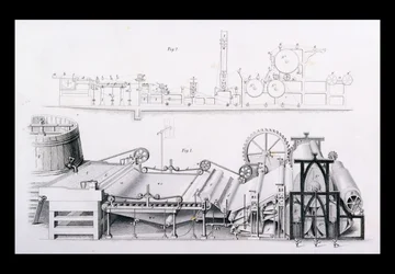 Paperinvalmistuskone Cyclopaedia of Useful Arts & Manufacturesta, toimittanut Charles Tomlinson, noin 1880-luku