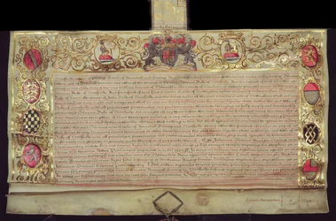 Patentti Norfolkin herttuakunnan entisöintiin, Kaarle II, 1660 (muste ja kultalehti perunakalvolla)
