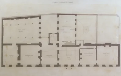 Suunnitelmat 21 Albemarle Streetin pohjakerroksesta taloon tehtyjen alkuperäisten muutosten jälkeen Royal Institutionin hankinnan jälkeen, n. 1800 (kynä ja wc paperilla)