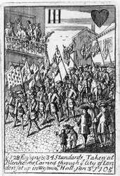 Pelikortti, joka kuvaa Blenheimissa otettuja lippuja ja standardeja kuljetettuna Lontoon kaupungin läpi 3. tammikuuta 1705