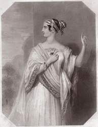 Brutuksen (Brutuksen Portia-vaimo) Porcia-vaimo (Jules Cesar - Julius Caesarin tragedia) - "" Galerie des femmes de Shakespeare, kokoelma 45 vakavaa muotokuvaa varhaisten Lontoon taiteilijoiden toimesta, rikastettuna kriittisillä ja kirjallisilla huomautuk