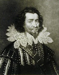 George Villiersin, Buckinghamin 1. herttuan (1592-1628) muotokuva Richard Earlomin (1743-1822) ja Charles Turnerin (n. 1773-1857) kaiverrus teoksesta Illustrious Characters in British History (mezzotint) (bw p)