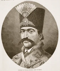 Persian shaahin Nasser-ed-Deenin muotokuva, kuvitus Cassells Illustrated History of Englandista