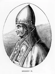 Paavi Gregorius IX:n (n. 1170-1241) muotokuva kuvitus teoksesta "Tiede ja kirjallisuus keskiajalla ja renessanssilla", kirjoittanut ja kaivertanut Paul Lacroix, 1878