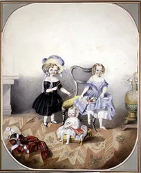 Muotokuva kolmesta sinisilmäisestä tytöstä hienossa mekossa, n. 1840 (akvarelli paperille)