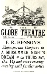 Julistemainos William Shakespearen (1564-1616) "Kesäyön unelma" F. R. Bensonin Shakespearean Companyn esittämänä Globe-teatterissa, noin 1890 (painettu)