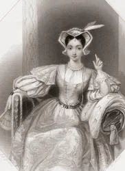 Prinsessa Katherine William Shakespearen "Kuningas Henry V:stä", kuvitus "Shakespeare Gallerysta", n. 1840 (kaiverrus)