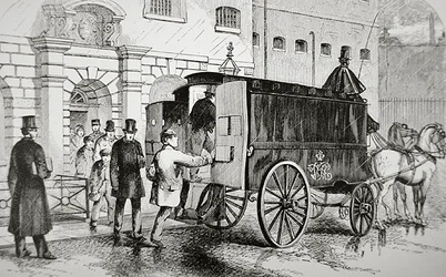 Vangit nousevat "Black Maria" -nimiseen poliisiautoon 1870-luvulla (kaiverrus)