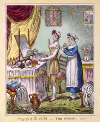 Progress of the Toilet - The Stays Plate 1, pub. kirjoittanut McCleary, Lontoo, 1810 (käsinvärinen kaiverrus)