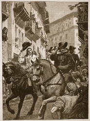 Prinssi Charlesin julkinen vastaanotto Madridissa, kuvitus Cassell Illustrated History of Englandista (seepiakuva)