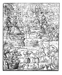 Kuningatar Elisabet I (1533-1603) metsästyspiknikillä, lautanen George Turbervillen "Noble Art of Venerie and Hunting" -sarjasta, 1575