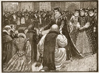 Queen Mary ja valtion vangit tornissa, kuvitus Cassells Illustrated History of Englandista (seepiakuva)