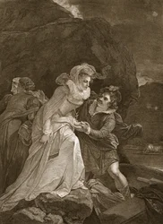 Kuningatar Mary pakenee Loch Levenin linnasta, kuvitus David Humelta Englannin historia, pubi. R. Bowyer, Lontoo, 1812