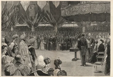 Kuningatar Victoria avaa Yhdistyneen kuningaskunnan, siirtomaiden ja Intian keisarillisen instituutin Lontoossa toukokuussa 1893.