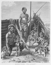Queensland aborigines, kaiverrettu E. Krellin valokuvasta, Prof. Friedrich Ratzelin teoksesta The History of Mankind, Vol.1, 1896 (kaiverrus)