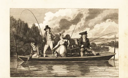 Regency herrat ja nainen kalastavat Thames-joella