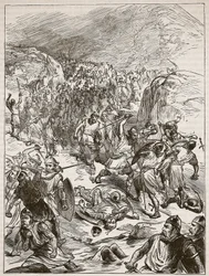 Englantilaisten karkotus Corwenissa, kuvitus Cassells Illustrated History of Englandista (seepiakuva)