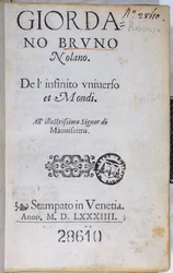 Res 28610 Giordano Brunon De lInfinito Universo et Mondin nimisivu, julkaistu Lontoossa, 1584 (painettu paperi)