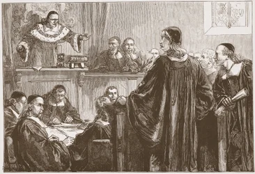 Richard Baxter tuomari Jeffreysin edessä, kuvitus James Aitken Wylien (1808-1890) teoksesta The History of Protestantism, pub. 1878