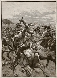 Richard III Bosworthin taistelussa, kuvitus Cassells Illustrated History of Englandista (seepiakuva)