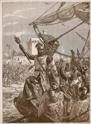 Richard laskeutumassa Jaffaan, kuvitus Cassells Illustrated History of Englandista (seepiakuva)