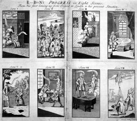 Robins edistyy kahdeksassa kohtauksessa hänen ensimmäisestä nousustaan Oxfordista Lontooseen nykyiseen tilanteeseensa, 1733