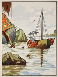 Robinson Crusoe pelastamassa koiraa espanjalaisesta haaksirikosta, kuvitus elokuvasta The Story of Robinson Crusoe: Mukautus lapsille, jotka seuraavat Defoesin kieltä, pub. kirjoittanut Griffith Farran Browne & Co. Limi