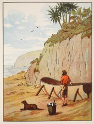Robinson Crusoes -kanootti, kuvitus teoksesta The Story of Robinson Crusoe: Mukautus lapsille, jotka seuraavat Defoesin kieltä, pub. kirjoittanut Griffith Farran Browne & Co. Limited, Lontoo