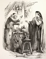 Romeo ostaa myrkkyä apteekista, kuvituksen Romeo ja Julia, "The Illustrated Library Shakespeare", julkaistu Lontoossa 1890 (litho)