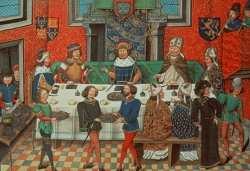 Roy 14 E IV f.244v, Lancasterin herttua aterioi Portugalin kuninkaan kanssa, Jean de Batard Wavrinin teoksen osasta III ”Rikhard II:n kruunajaisista vuoteen 1387”