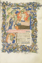 Roy 2 B I f.8 Kruunattu hahmo, jota tukee harmaapartainen pyhimys, joka polvistuu Pityn kuvan edessä, Psalter of Humphrey Duke of Gloucester, n. 1420-30 (vellum)