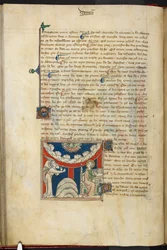 Royal 19 B.XV, f.17v Leijonan suu ja käänteisen pilven kaaressa kuusi päätä, jotka edustavat seitsemää ukkosenjylinää: alhaalla vasemmalla enkeli ja oikealla Johannes kirjoittamassa kirjaan, alkaen 