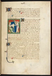 Royal 19 B.XV, f.3 John istuu, kirjoittaa; enkeli seisoo pöytänsä takana, "The Queen Mary Apocalypse", englantilainen koulu (1300-luku)