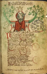 Kuninkaallinen 20 A. II f.8 Kuningas Richard I miekalla, valtaistuimellaan, kuvitus Englannin kronikasta, kirjoittanut Peter de Langtoft (vellum)