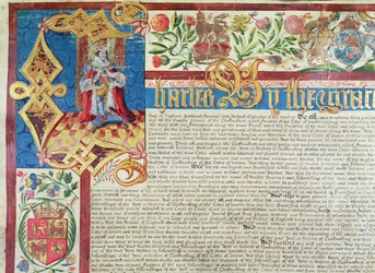 Kuninkaallinen peruskirja Charles II:n (1630-1685) kankaanvalmistajien yhtiölle (yksityiskohta)