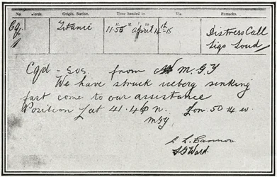 SOS-viesti, jonka venäläinen höyrylaiva Birma vastaanotti noin viisi minuuttia sen jälkeen, kun Titanic törmäsi jäävuoreen 15. huhtikuuta 1912 "The Sphereltä", 4. toukokuuta 1912.