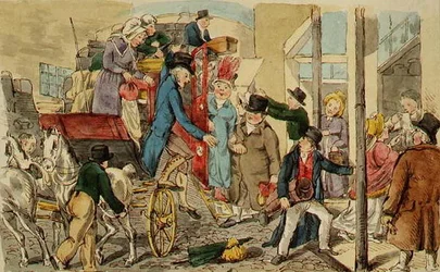 Kohtaus majatalon pihalla, Valmentajan saapuminen, n. 1820 (kynä ja muste ja akvarelli paperille)