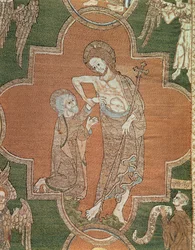 Kohtaus Kristuksen elämästä, yksityiskohta Syon Copesta, 1300-20 (metallilangoilla ja silkillä kirjailtu pellava)
