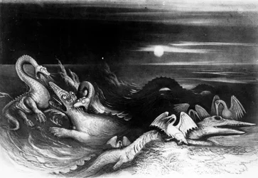 Sea Monsters Fight, Thomas Hawkinsin teoksesta "The Great Sea Dragons", 1840 (bw kuva)