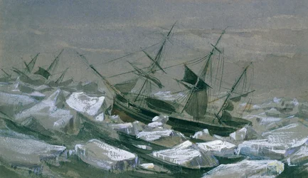 James Clark Rossin lähetys laivoilla "Erebus" ja "Terror" etsimään eteläistä magneettinapaa (öljy kankaalle)