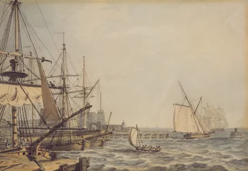 Laivaliikenne Hull-joen suulla, 1800-luvun alku (lyijykynä, tussi, muste ja vesiväri paperille).