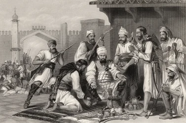 Sikhien joukot jakavat kapinallisilta otetun saaliin, vuonna 1858 julkaistusta "Intian kapinan historiasta"