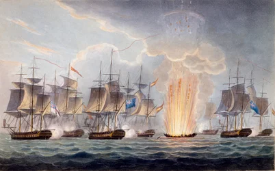 Sir Graham Mooren taistelu Cape St. Maryn edustalla, 5. lokakuuta 1804, J. Ralfen teoksesta Ison-Britannian merisotahistoria