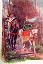 Sir Lancelot ja kuningatar Guinevere. Värillinen kuvitus kirjasta The Gateway to Tennyson, joka julkaistiin vuonna 1910.