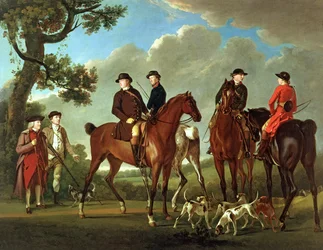 Sir Thomas Gascoigne ja Sir Walter Vavasour papin, kirkkoherran ja metsästyspalvelijoiden kanssa