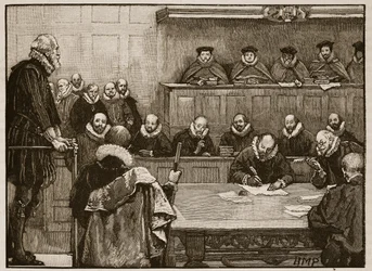 Sir Walter Raleigh tuomareiden edessä, kuvitus Cassells Illustrated History of Englandista (seepiakuva)