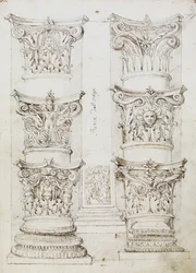 Six Capitals, a Lesene ja Two Column Bases, Folio 1, The Master of the Oxford Album, n. 1512-1717 (kynä ja tummanruskea muste)