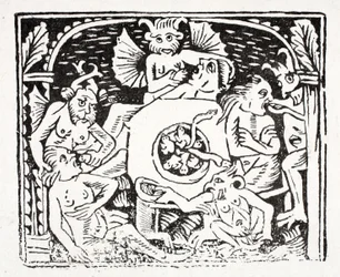 Kuudes: Lasarus kuvaa mitä hän on nähnyt helvetissä - laaksoa, jossa on pistävä joki, täynnä kuplia ja jossa ahmarit ruokkivat rupikonnaa ja muita myrkyllisiä olentoja
