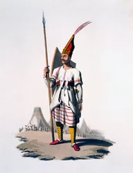 Albanian sotilas, ottomaanien armeijan jalkaväki, 1818 (värillinen akvatinta)